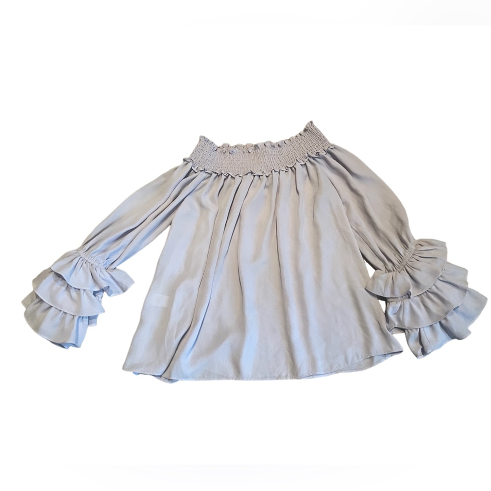 CECE -light pink/grey top with ruffled sleeves